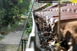 a gutter blocked with leaves