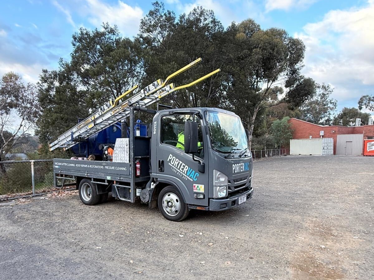 PorterVac truck on the job of roof cleaning at a commercial property in Melbourne