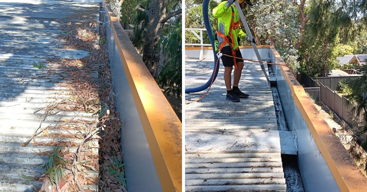 Before and after professional gutter cleaning result on a Melbourne property