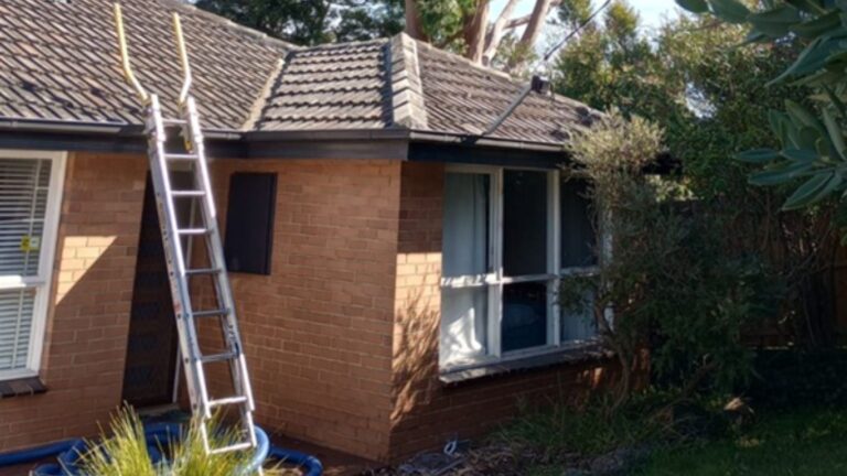 A single-storey brown-tile-roofed home in autumn Melbourne, with leaves caught along the gutter line and a mature gum tree overhanging the eaves.