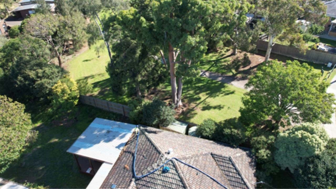 A PorterVac technician using a long carbon-fibre vacuum pole on a tile roof, with the hose running down to a vacuum unit in a work van on the driveway.