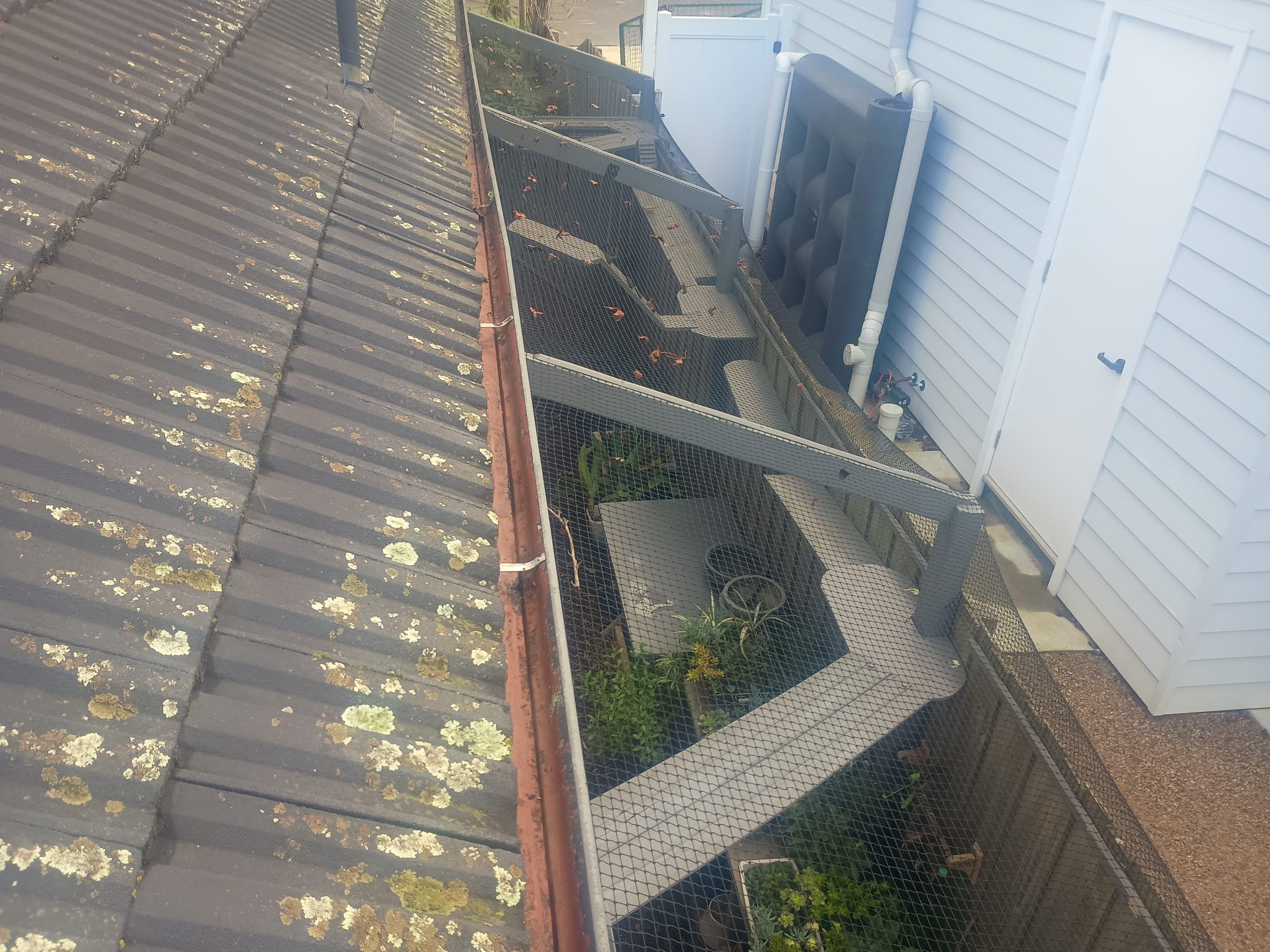 Clear gutter run on a Forest Hill tile roof after vacuum gutter cleaning