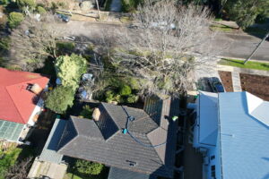Aerial view of a Forest Hill home with a large deciduous tree overhanging the front roofline