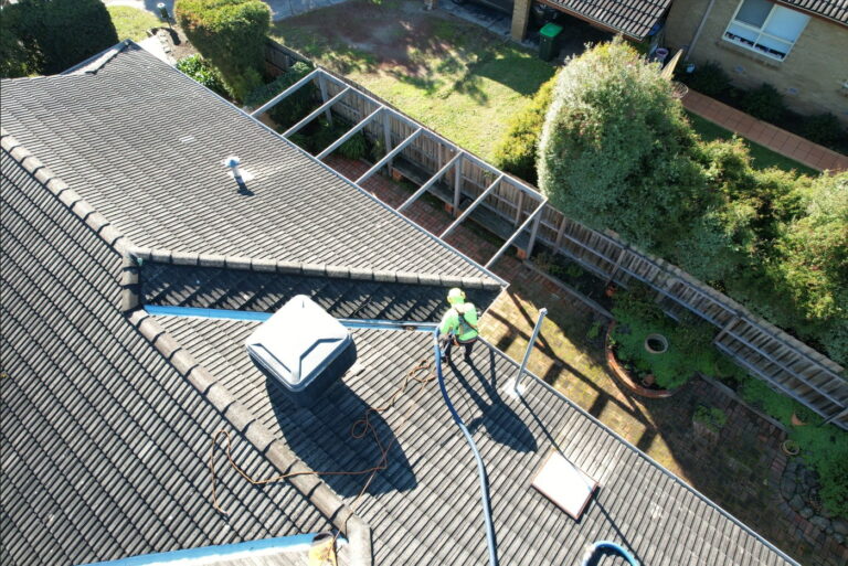 Aerial view of a 40 year old tile roof in Heathmont during a PorterVac gutter clean and roof condition report