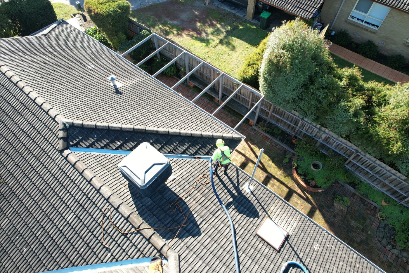 Aerial view of a 40 year old tile roof in Heathmont during a PorterVac gutter clean and roof condition report